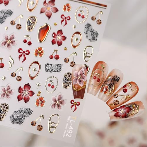 Image of Flower Nail Stickers for Nail Art Cherry Nail Decals Red Nail Art Stickers | 5D Self Adhesive Leopard Nail Stickers Lace Bow Gold Frame Design Nail Decal for Women Manicure DIY Decor Accessories 1 Sheet