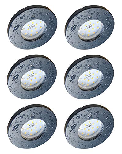 Trango 6er Set 6729IP65-061MO IP65 LED Einbaustrahler in Anthrazit matt inkl. 6x 5 Watt 3000K warmweiß Ultra Flach LED Modul für Bad Einbauspots, Dusche Deckenstrahler, Deckenlampe, Badleuchte