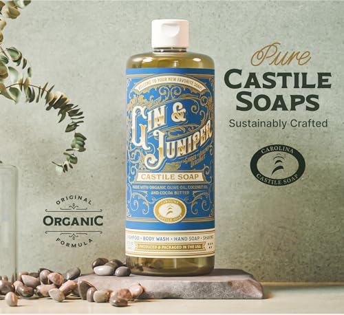 Image of Carolina Castile Soap Gin & Juniper Scented - Certified Organic Base, High Olive Oil Content, Non-Drying, Made with Organic Oils, Concentrated Body Wash for Men (Gin & Juniper, 32 Fl Oz)