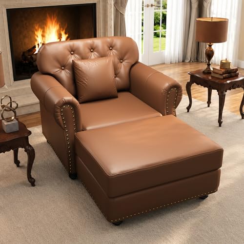 SmartEdge 41.3 Faux Leather Chesterfield Accent Chair with Ottoman, Deep Seat Button Tufted Armchair with Rolled Arms & Nailhead Trim & Solid Wood Legs, Upholstered Living Room Chair, Brown