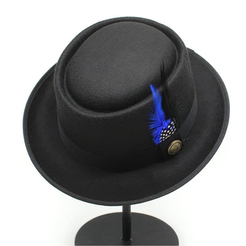 TAHALI RZL Chapeau Melon Chapeau Haut de Forme en Laine d'automne et d'hiver, Chapeau Haut de Forme Rond en Laine, Chapeau de Jazz for Homme avec Plume Noire et Bleue (Couleur : Bleu)