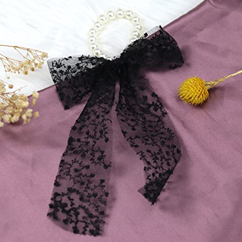 Pearl Elastics Hair Ties Lace Bow Hair Scrunchies White Black Beige Bow Hair Ropes Ponytail Holder Pearl Lace Bows Hair Loop Stretchy Elegant Hair Accessories For Women Girls Party Favor Gift #TOP3