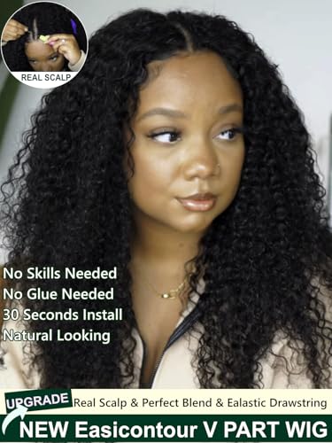 Image of KLAIYI EasiContour V Part Wig Human Hair Curly Glueless Wear And Go Clip In Half Wig Upgrade U Part Wigs for Women 12A No Leave Out No Glue Beginner Friendly Natural Black Color Ready to Wear 22Inch