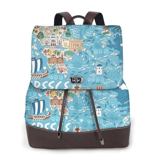 Sac à dos en cuir pour femme motif carte de la Grèce finition premium