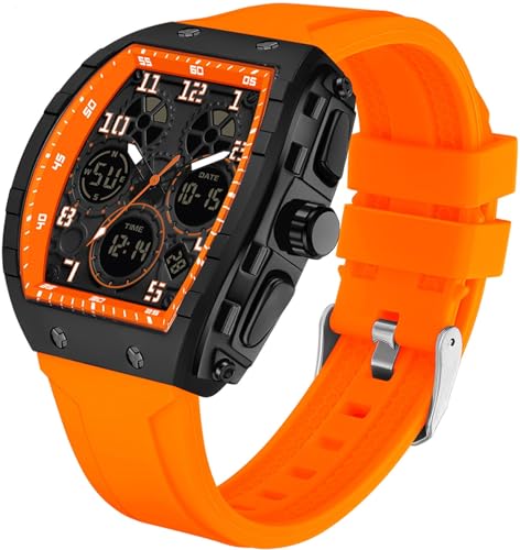 findtime Watches for Men Relojes para Hombres White Wristwatch with Digital Analog Dual Time Display Countdown Stopwatch Punk Cool Design 5ATM Waterproof Mens Watch, Orange, casual