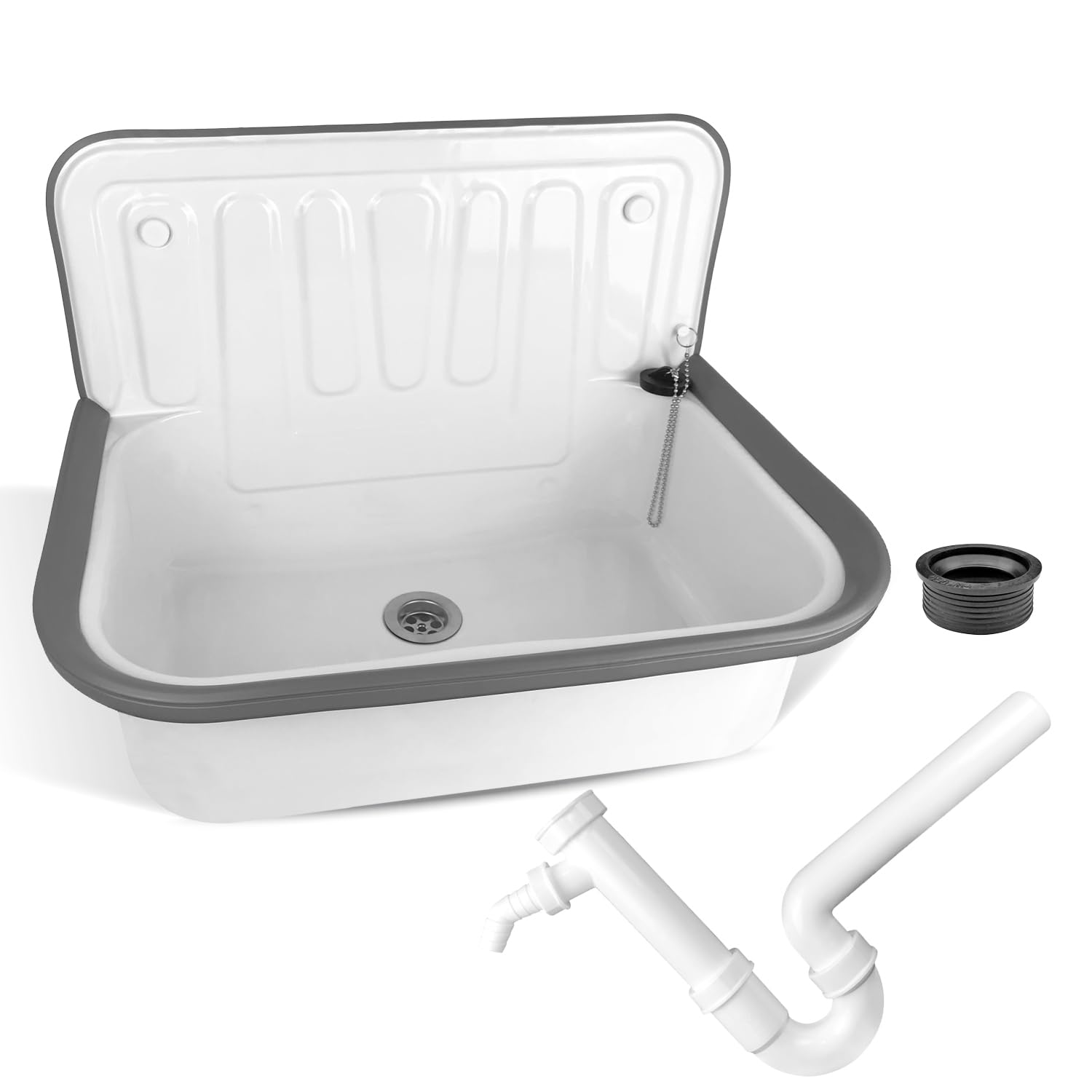 kör4u Juego completo de fregadero blanco de 50 cm, de acero resistente, incl. tapón de desagüe, sifón de plástico blanco de 1 1/2 pulgadas x 40 mm, boquilla de goma DN 40/50