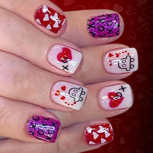 Sweetheart - 24 uñas postizas cortas cuadradas con purpurina y corazones artificiales para citas, fiestas, purpurina cuadrada corta, ABS falso