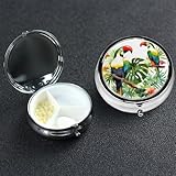 Pilulier 3 compartiments en métal pour médicaments Toucans perroquet feuilles de palmier pour sac à main ou poche Mini pilulier portable de voyage pour contenir des compléments alimentaires, vitamines