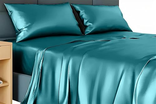 Miniatura 9 de Juego de sábanas de satén de seda tamaño Queen, sábanas de satén de seda auténtica, sábanas de lujo para hotel, extrasuaves, bolsillo profundo de 23