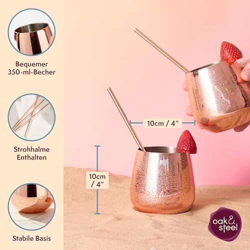 Foto von Oak & Steel - 4 Edelstahl Roségold Weingläser ohne Stiel, 4 Metallstrohhalme & Reinigungsbürste, 350 ml - Doppelwandig, Robust & Unzerbrechlich - Geschenkset für Weihnachten