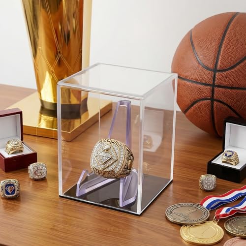 Image of Hooqict Championship Ring Display Case Clear Acrylic Ring Case Display Box UV Protected with Base for Sports Baseball Softball Football Single Ring Coin Holder Stand