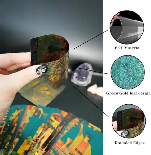 Image of AYME Green Gold foil Tarot Cards Game with Guide Book, 78 Cards Tarot Deck for Beginners and Professional Player with Box Tarot PVC Durable Waterproof Wrinkle Resistant