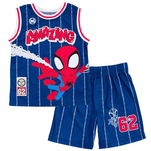 Marvel Spidey and His Amazing Friends Spider-Man Toddler Boys Mesh Jersey Tank Top & Basketball Shorts Outfit Set Blue 4T