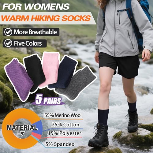 Image of Sandsuced 5 Pack Merino Wool Boot Hiking Socks for Women Warm Winter Thick Thermal Cozy Work Soft Ladies Socks