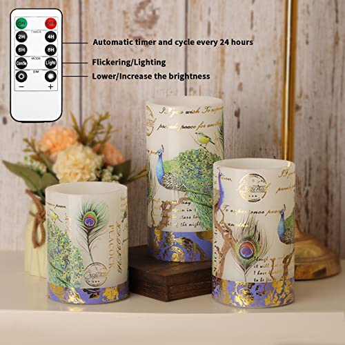Image of Flameless Candles Peacock Decor Battery Operated Candle with Remote Real Wax Flickering LED Pillar Candle Vintage Home Decor for Spring, Summer, Wedding Decor, Mothers Day Gifts