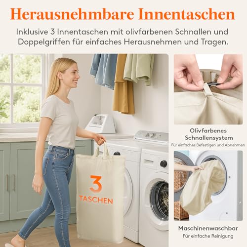 Lifewit 3 Fächer Wäschekorb mit Deckel, 165L Wäschesammler mit Kunststoffrahmen, faltbarer großer Wäschesortierer, Wäschebox Laundry Baskets für Schlafzimmer, Bad, Beige