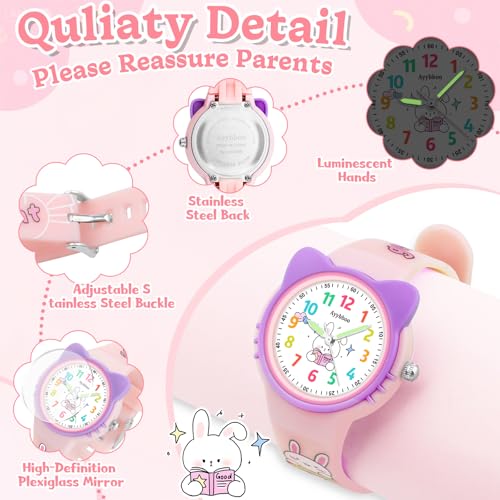 Cat Analog Watch for Girls Boys Toddler, Learning Time and Easy to Read, 30M Waterproof Children Quartz Wristwatches, Cute Telling Time Hand Watch with Cartoon Soft Strap Age 5-123