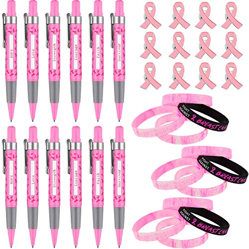 Kit contra el cáncer de mama de 12 pulseras, 12 bolígrafos y 12 pines con lazo rosa