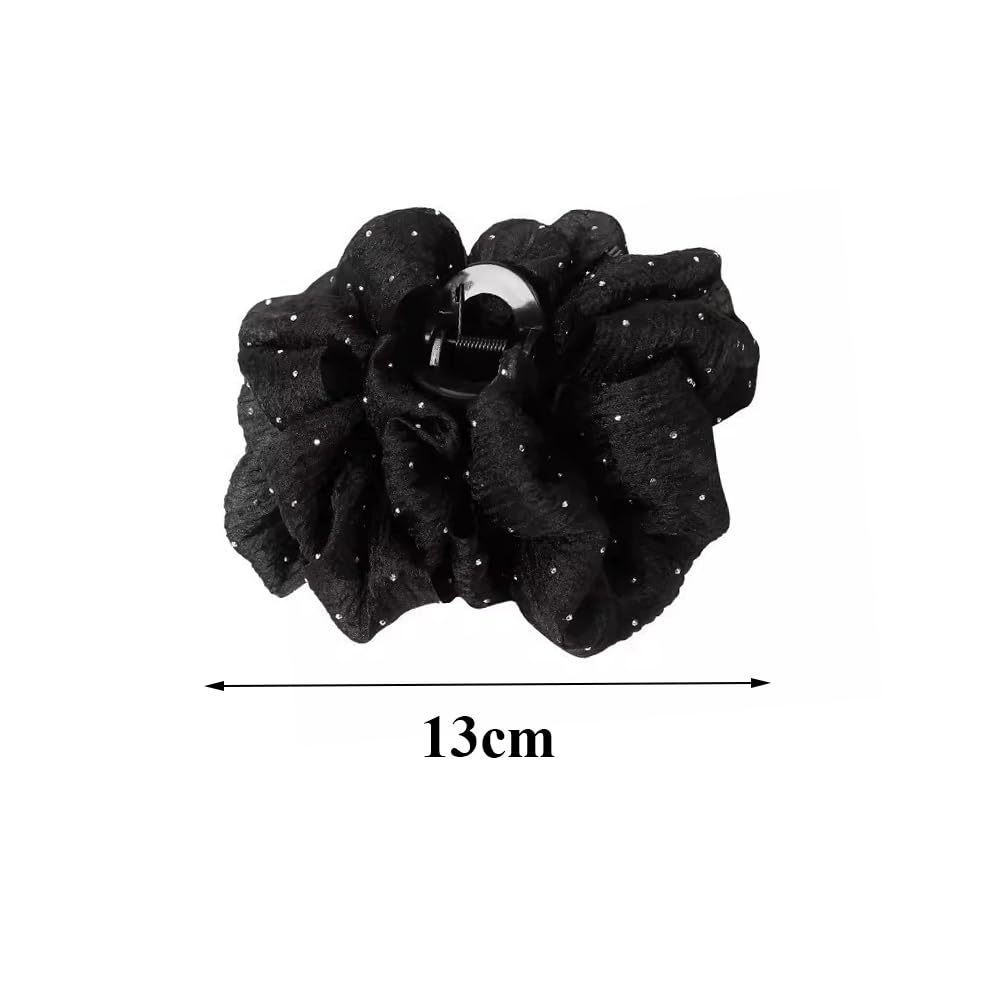 2Pcs Rhinestone Bow Cloud Bubble Hair Clips Chiffon Bubble Large Clips Styling Accessories for Thick Hair(Black+Champagne) - Image 2