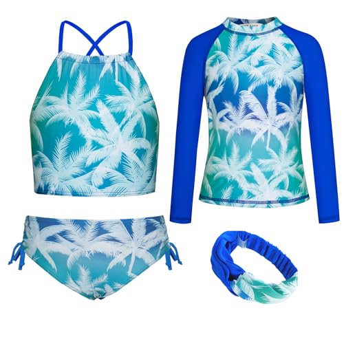 Image of GRACE KARIN Girls Swimsuit Tankini Set Rash Guard Long Sleeve Swimsuit 4 Piece Bathing Suit Swimwear 5-14Y