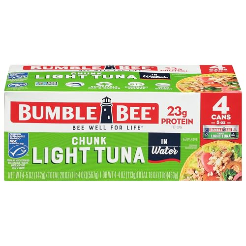 Bumble Bee Chunk Light Tuna In Water, 5 oz Cans (Pack of 4) - Wild Caught Skipjack Tuna - 22g Protein Per Serving - MSC Certified Sustainable Seafood, Non-GMO, Gluten Free, Kosher