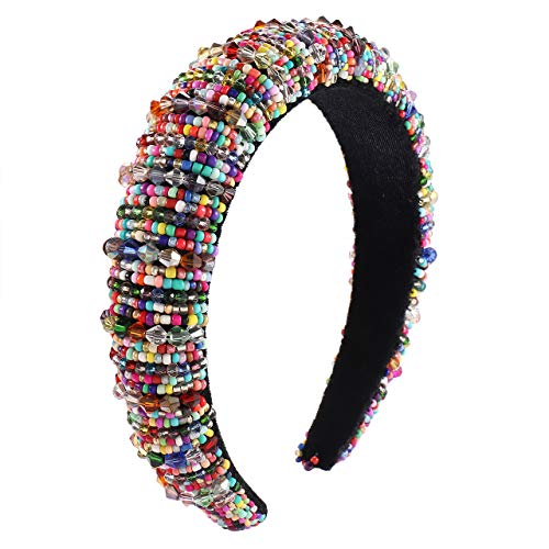 Baroque Rhinestone Padded Headband For Woman Girls Statement Wide Hairbands Bejewelled Party Wedding Headwear Hair Accessories (rainbow beaded)