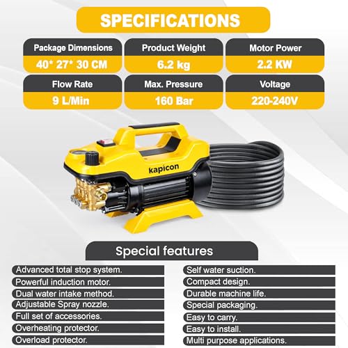 Image of KP-15 High Pressure Washer for Car & Bike | 2200W Copper Motor, 160 Bar, 9L /Min Flow, 8M Hose | Portable Electric Power Washer for Home, Patio & Floor Cleaning
