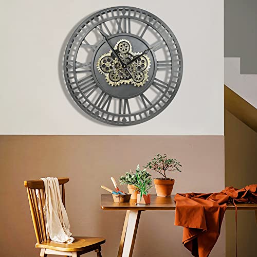 Dorboker 30'' Oversized Wall Clock Moving Gears Clock Modern Industrial Steampunk Decorative Vintage Metal Rustic Large Wall Clocks For Living Room Farmhouse Office (Mica Grey With Bronze Gears #TOP5