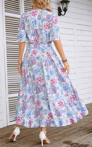 Image of Kormei Women Short Sleeve V Neck Floral High Low Flowy Summer Party Long Maxi Dress
