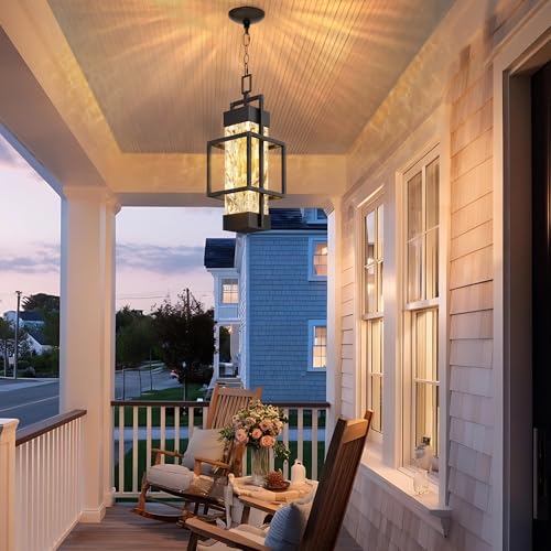 Hotsonic 15'' Outdoor Indoor Pendant Celing Light Fixture, Modern Exterior Hanging Chandelier Porch Lights, Black Aluminum Outside Lantern Lamp for Entrance Foyer Entryway (Bulb Included) by Hotsonic - Used condition - Image 7
