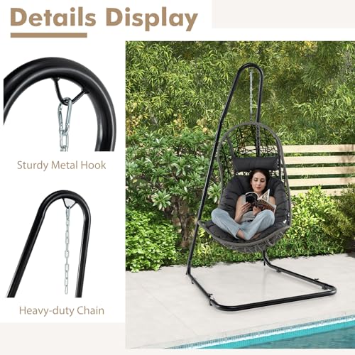 Image of Giantex Hammock Chair Stand Only, Heavy-Duty Metal Sensory Swing Stand w /Safety Hook & Sturdy Chain, Height Adjustable Hanging Chair Stand for Indoor, Outdoor, Patio, Yard, Poolside, 330 Lb Capacity
