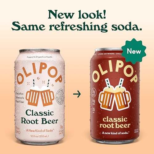 Image of OLIPOP Prebiotic Soda Pop, Classic Root Beer, Pantry Pack Packed with Prebiotics, Fiber, and Botanicals, Gluten Free, GMO Free, 12oz (12-Cans) (Packaging May Vary)