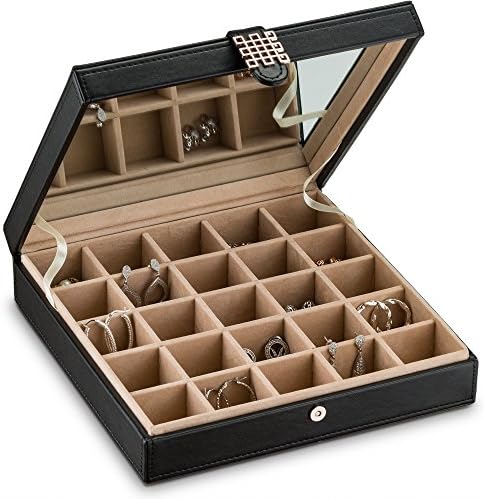 Glenor Co Earring Organizer - Classic 25 Section Jewelry Box/Case/Holder for Earrings, Rings, Necklaces, Jewelry, Cufflinks or Collections. 25 Small Compartments with Elegant Large Mirror - Black