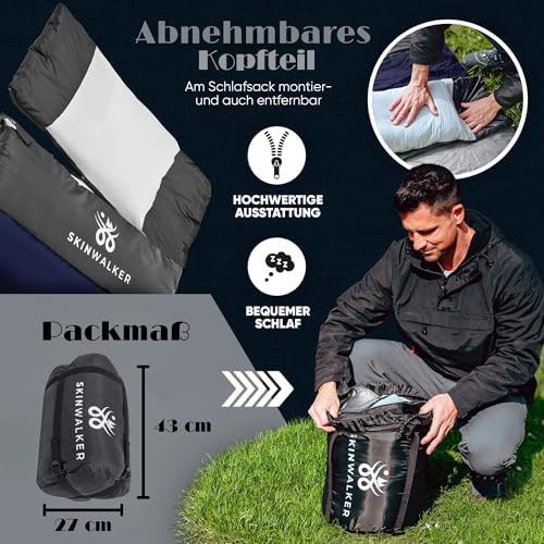 Bild 3 - SkinWalker Schlafsack 3-4 Jahreszeiten mit abnehmbaren Polarfleece + Kopfkissen [-18°C bis +15°C] Winter + Sommer Sleeping Bag Deckenschlafsack Schlafsack Camping Schlafsäcke Erwachsene