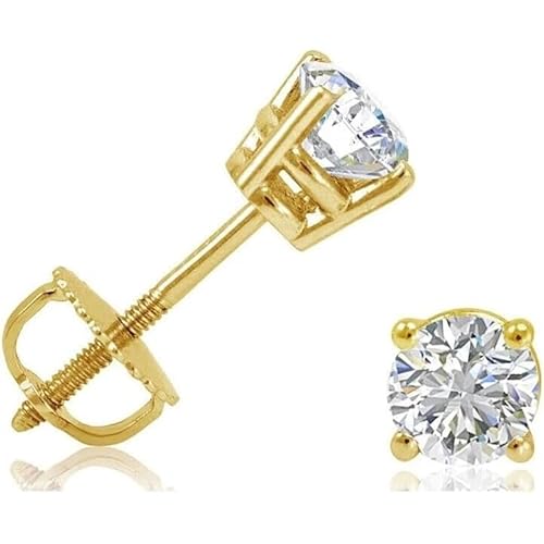 1/2 Ct Round Diamond Stud Earrings | 14K Yellow Gold Screw Back Basket Setting Solitaire Earrings for Women | Regular Festive Party Use