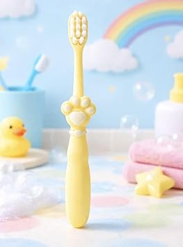 Magic Pebbles Soft Bristle Kids Toothbrush with Cute Paw Design | Ultra Soft Baby Tooth Brush for Toddlers | Gentle Gum Care | Non-Slip Easy Grip Handle | BPA Free (Yellow, Pack of 1)