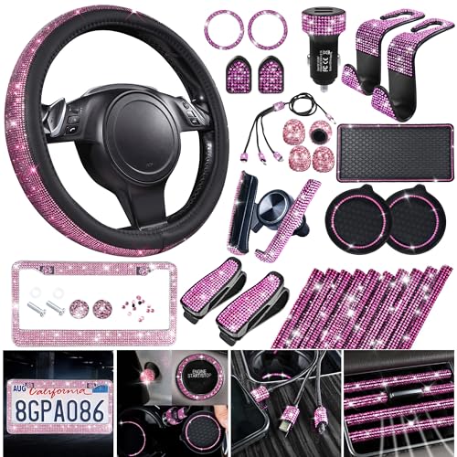 CAR PASS 30 PCS Bling Pink Car Set for Women, Bling Steering Wheel Covers Set 15 Inch, Shining Rhinestone License Plate Frame, Sparkly Diamond Phone Holder, Cute Interior Set Decorations, Pink Diamond