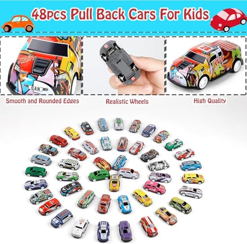 Image of 48 Pcs Pull Back Mini Car Toy Set with Container Storage & Foldable Road Map Play Mat | Friction Powered Vehicles for Kids Boys Girls (48Psc Car Set)