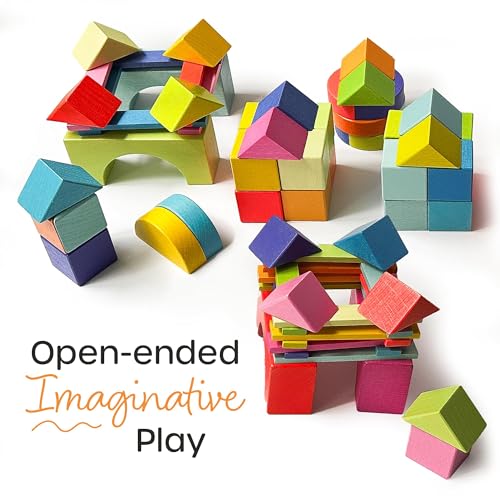Image of Quiggly Montessori Wooden Rainbow Building Blocks - 68 Pc STEM Toy Set | Storage box with carry handles, ages 12-48 months