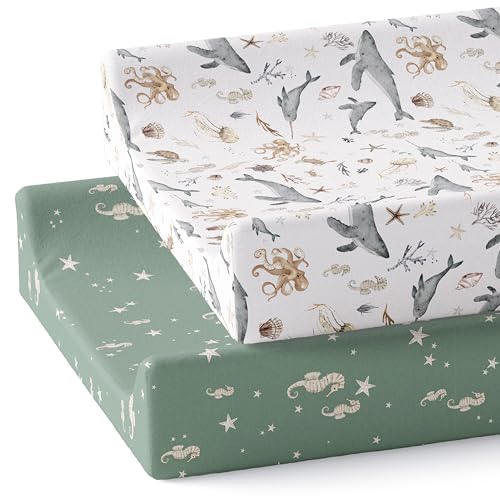 Image of Baby Changing Pad Cover 2-Pack for Boys, Girls (Ocean Odyssey) - Premium Fitted Sheets Baby Diaper Changing Table Cover - Buttery Soft Cotton Blend