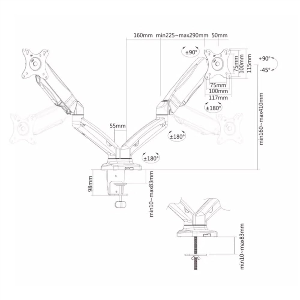 Supporto per monitor a doppio monitor regolabile con molla a gas, portata fino a 9 kg, supporto doppio monitor da 17-32" per scrivania, con VESA 75/100 mm, con morsetto a C e beccuccio