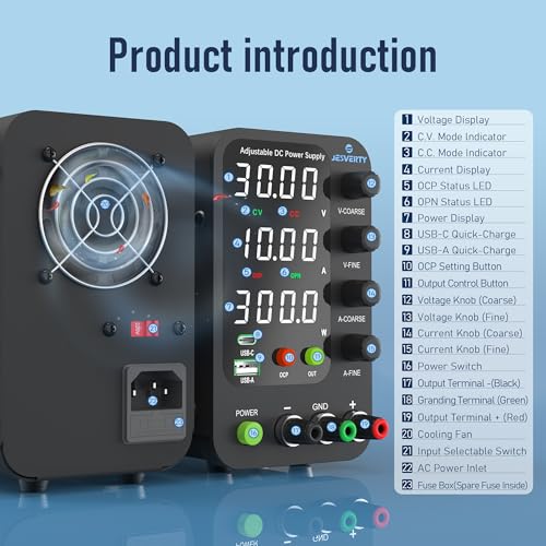 Image of DC Power Supply Variable, 0-30V 0-10A Switching Bench Power Supply with 20W USB & Type-C Quick-Charge, Encoder Corase & Fine Adjustment Knob, Output Switch, 4-Digit LED Display - SPS-3010V