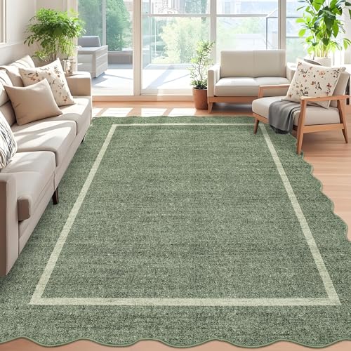 GarveeHome Scalloped Washable Rug 5x7 Area Rug for Living Room Modern Non Slip Throw Rugs Bedroom Rugs Low Pile Soft Non Shedding Stain Resistant Carpet for Dining Room Nursery 5'x7' Greyish Green