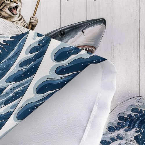 Image of Boziqr Funny Cat Shower Curtain, Cool Cat Shark Ocean Wave Bathroom Decor
