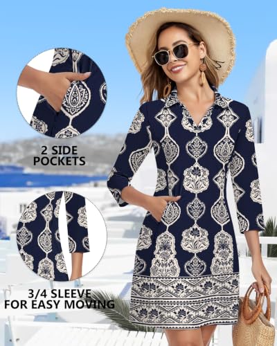 Image of WOWENY 3 /4 Sleeve Dress for Women with Pockets V Neck UPF 50+ Casual Sun Dress Breathable Quick Dry Beach Vacation