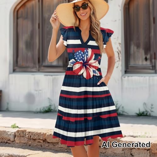 Image of Womens Summer Dress Ruffle Sleeve V Neck Dress Casual Fit Flowy Beach Vacation Sundress with Pocket S-2XL