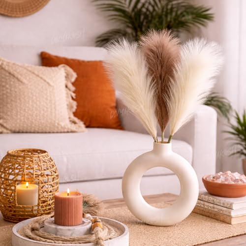 Image of Divyakosh Artificial Pampas Grass 3 Pcs (2 White + 1 Brown) Faux Dried Flowers Small Flower Stems for Home Decor, Living Room, Bedroom, Table Vase Decoration Office Boho Decor (41 cm, No Vase)