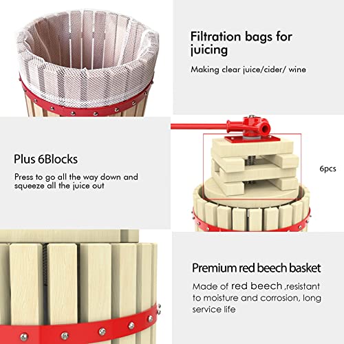 3.2 Gallon Fruit Wine Press - 100% Nature Apple&Grape&Berries Crusher Manual Juice Maker For Kitchen, Solid Wood Basket With 6 Blocks Heavy Duty Cider Wine Making Press #TOP3