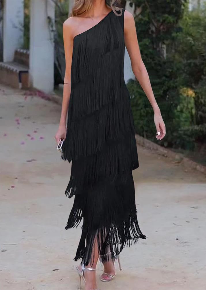 Onsoyours Abito Donna Frange Elegante Chic Vestiti Sexy Senza Maniche Vestito Lunghi A-Linea Asimmetrico Maxi Abiti Cocktail Sera Party Dress