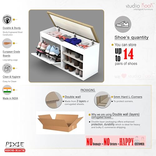 Image of Studio Kook Pixie Shoe Cabinet, Engineered Wood, 14 Pairs Capacity, Cushioned Top, Matte Finish (Moonshine White)